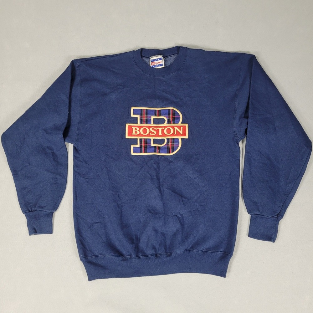 Vintage Hanes Sweatshirt Mens Medium Blue Boston Plaid Cotton Ultimate USA Made
